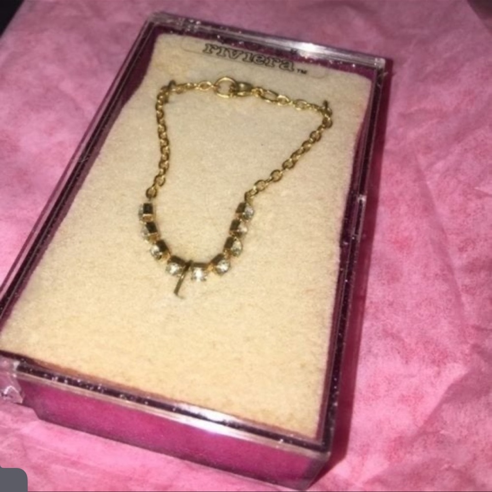 Riviera VINTAGE Girls jewelry Gold necklace clear rhinestone gems NIB